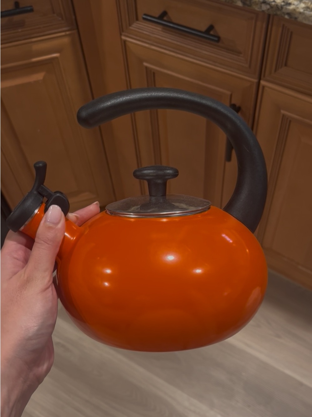 Rachael Ray Bright Orange Enamel Whistling Tea Kettle with Black Handle